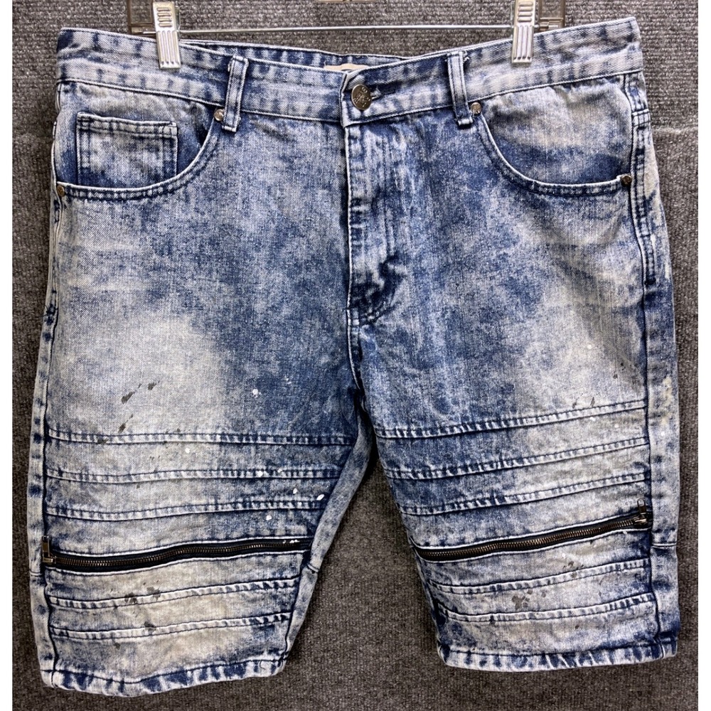 Riot Empire Denim Shorts Acid Wash Moto Ribbed Knee Detail Size 36